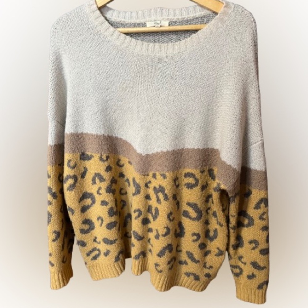 Easel Leopard Print Colorblock Sweater Size Large